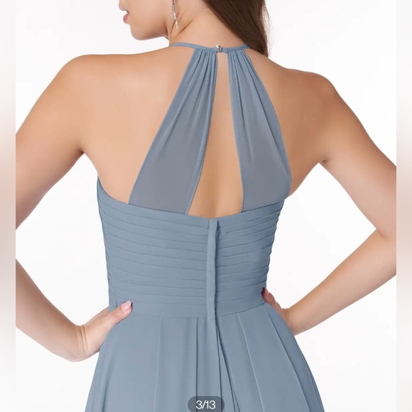 NWOT Azazie Ginger Dusty Blue A-Line Halter Pleated Chiffon Dress Size A2 - Picture 4 of 9